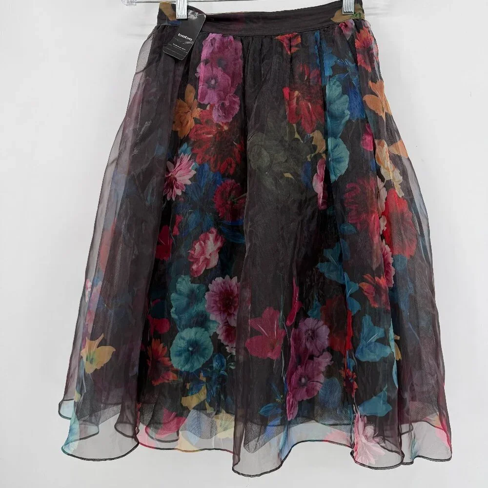 Bebe Floral Mesh Overlay Mini Skirt Skort Women’s Small High Waist Cocktail NWT - Picture 1 of 14